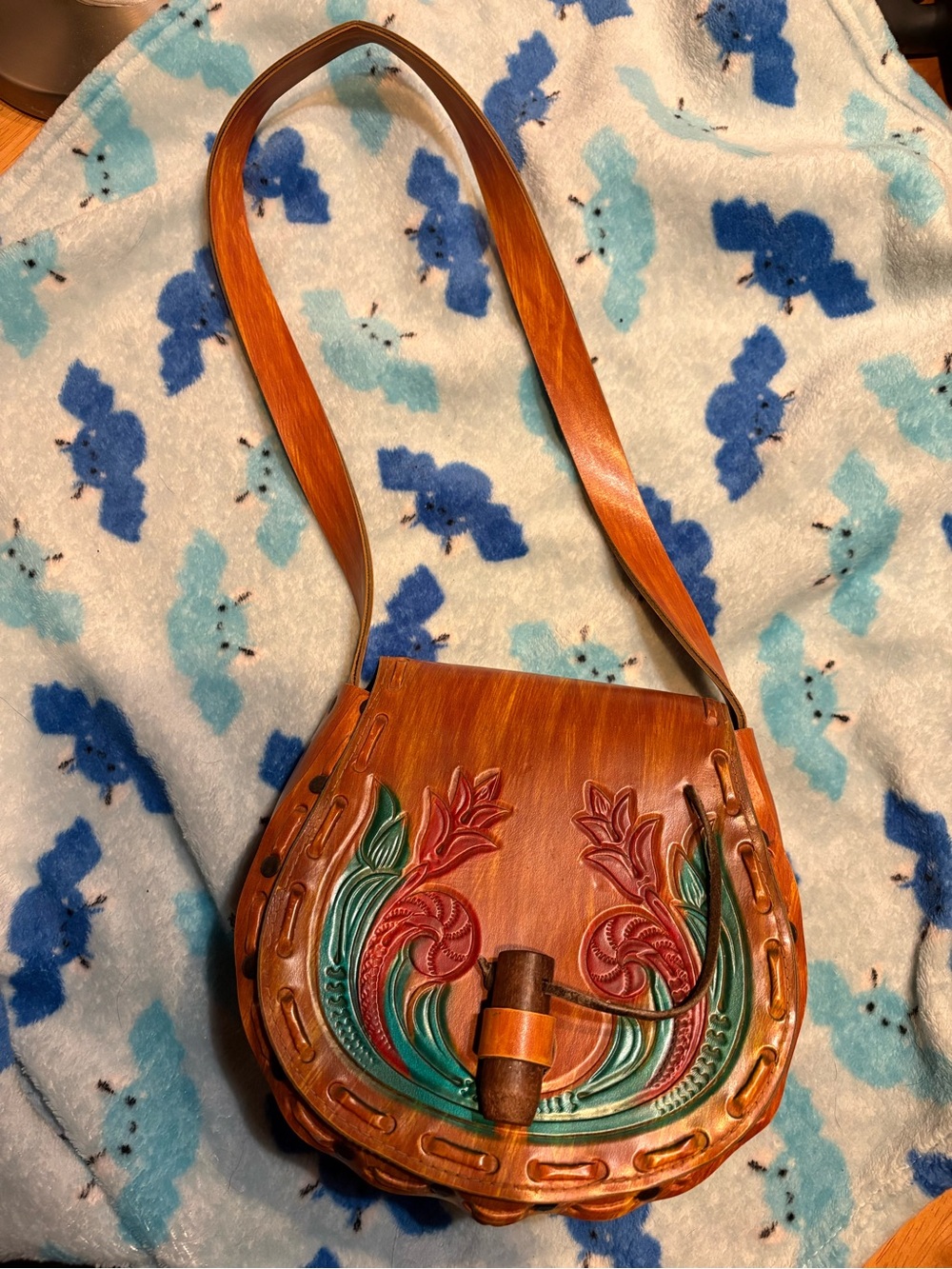 Hand-Tooled Leather Floral Saddle Bag - Brown with Green & Red Accents